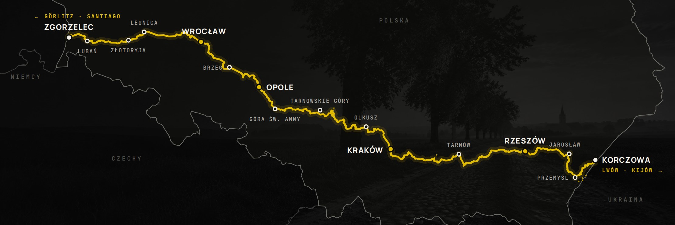 Mapa trasy Via Regia Poland: 951 km od Zgorzelca przez Wrocław, Opole, Kraków i Rzeszów do Korczowej